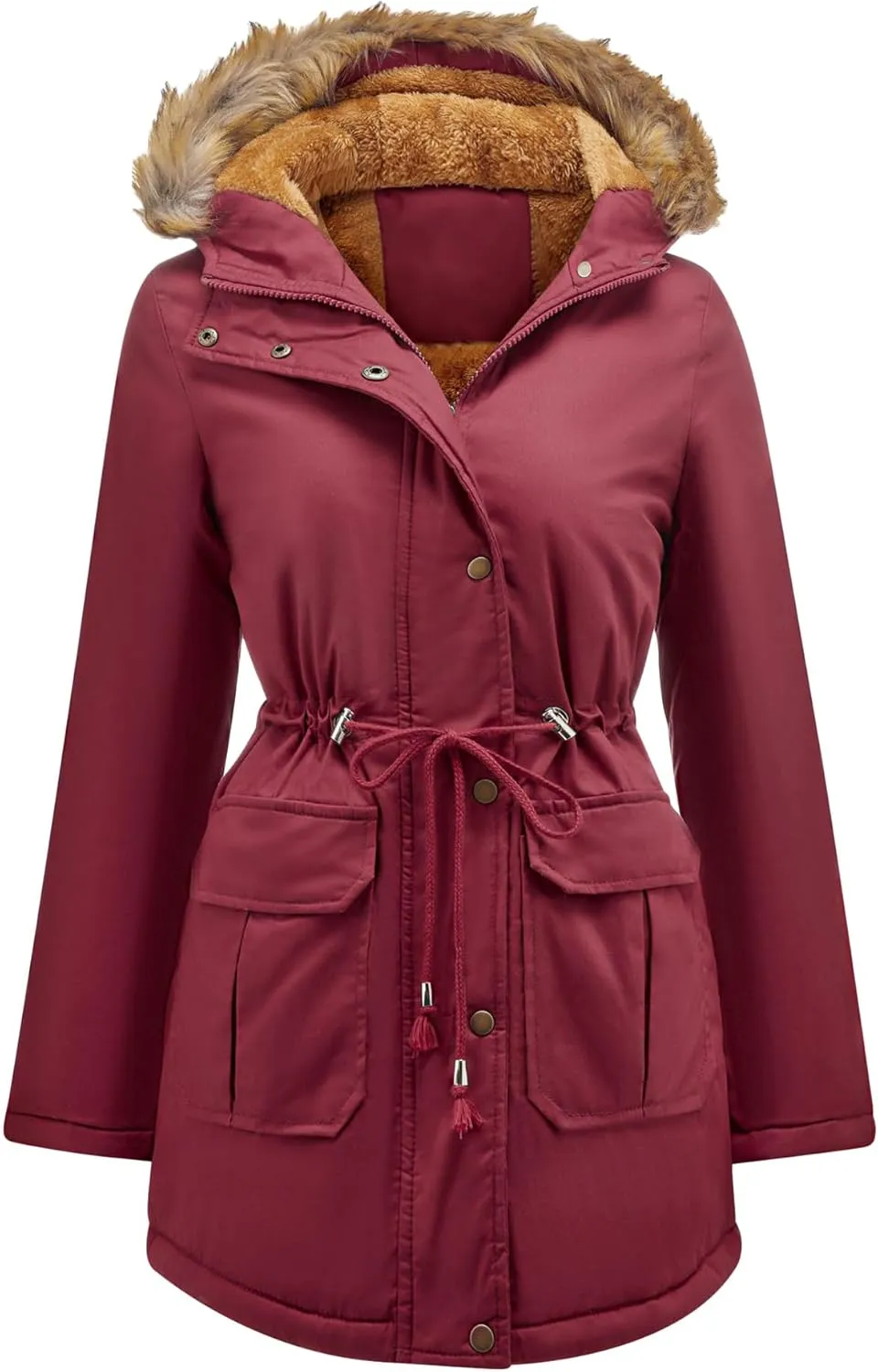 EFOFEI Women's Thicken Fleece Lined Parka Faux Fur Collar Hooded Jacket Winter Essential Medium Length Coat with Pockets