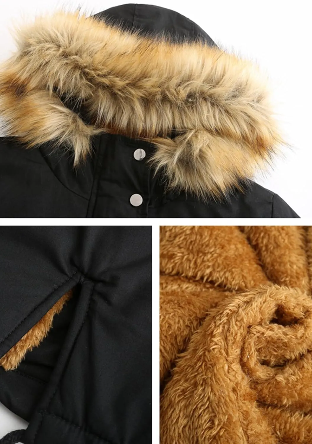 EFOFEI Women's Thicken Fleece Lined Parka Faux Fur Collar Hooded Jacket Winter Essential Medium Length Coat with Pockets