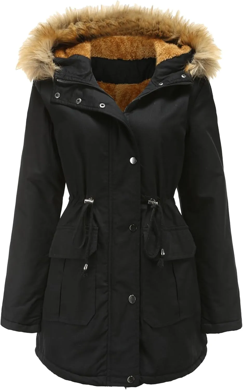 EFOFEI Women's Thicken Fleece Lined Parka Faux Fur Collar Hooded Jacket Winter Essential Medium Length Coat with Pockets