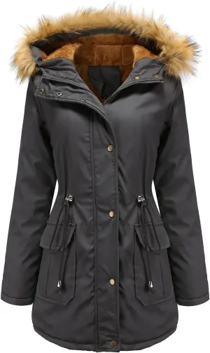 EFOFEI Women's Thicken Fleece Lined Parka Faux Fur Collar Hooded Jacket Winter Essential Medium Length Coat with Pockets