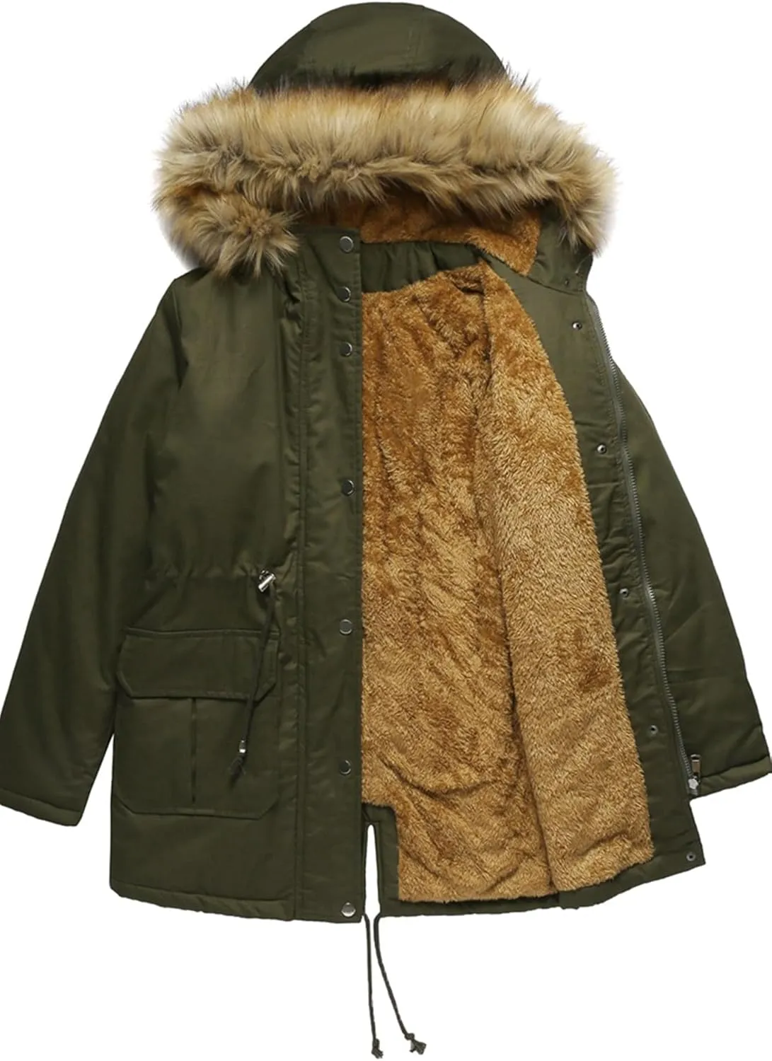EFOFEI Women's Thicken Fleece Lined Parka Faux Fur Collar Hooded Jacket Winter Essential Medium Length Coat with Pockets