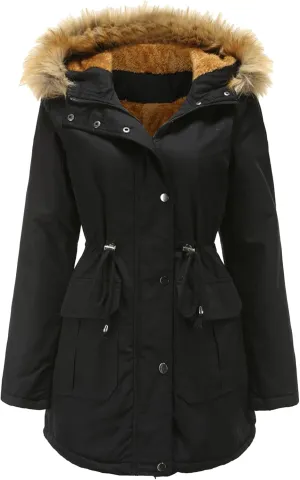 EFOFEI Women's Thicken Fleece Lined Parka Faux Fur Collar Hooded Jacket Winter Essential Medium Length Coat with Pockets