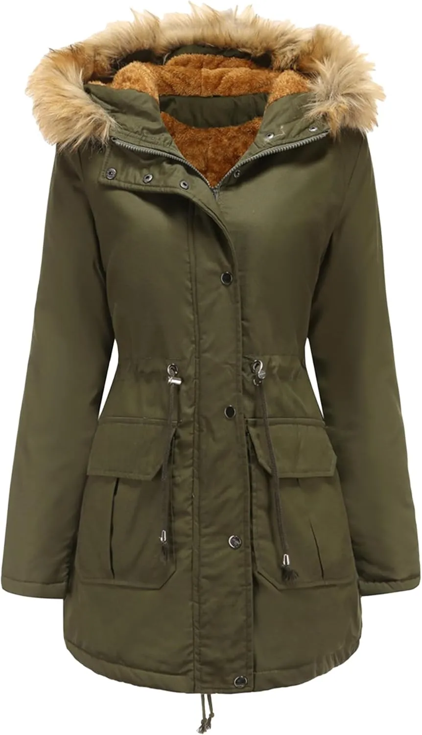 EFOFEI Women's Thicken Fleece Lined Parka Faux Fur Collar Hooded Jacket Winter Essential Medium Length Coat with Pockets