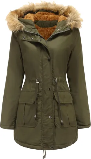 EFOFEI Women's Thicken Fleece Lined Parka Faux Fur Collar Hooded Jacket Winter Essential Medium Length Coat with Pockets