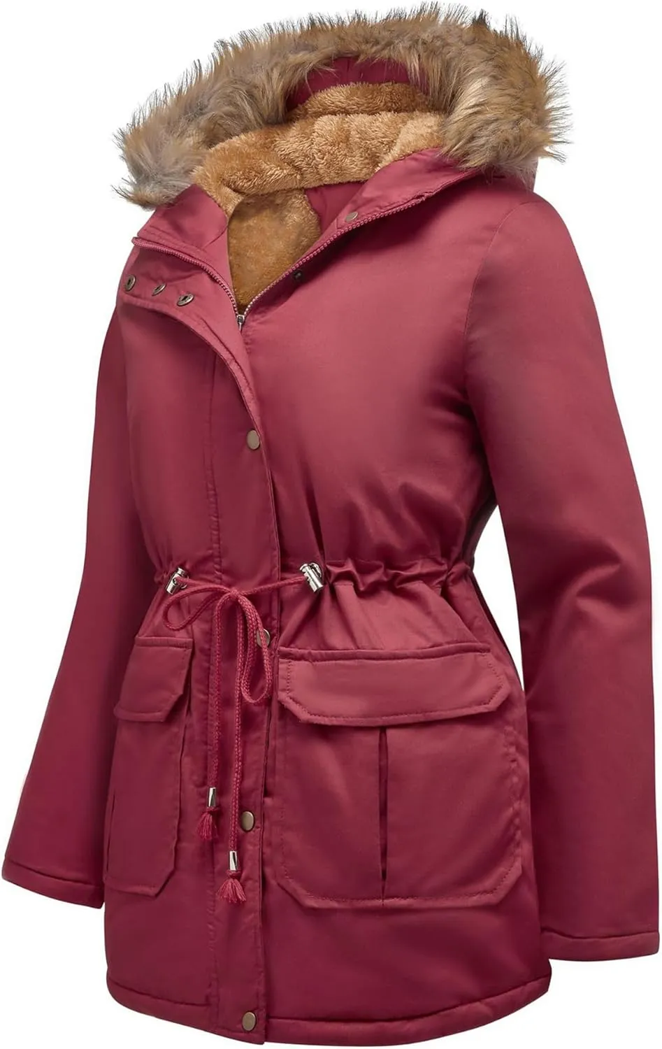 EFOFEI Women's Thicken Fleece Lined Parka Faux Fur Collar Hooded Jacket Winter Essential Medium Length Coat with Pockets