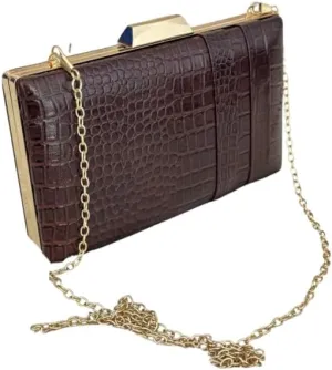 Elegant Crocodile Pattern Leather Clutch Purse for Women  Brown Evening Bag with Gold Chain Strap, Metal Frame, Formal Party Handbag