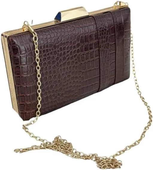 Elegant Crocodile Pattern Leather Clutch Purse for Women  Brown Evening Bag with Gold Chain Strap, Metal Frame, Formal Party Handbag
