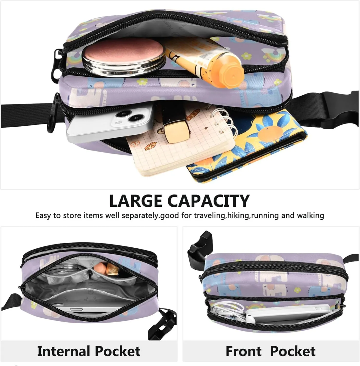 Elephants Rainbow Womens Fanny Pack Waterproof Hip Bag Belt Pouch Cute Waist Purse for Women