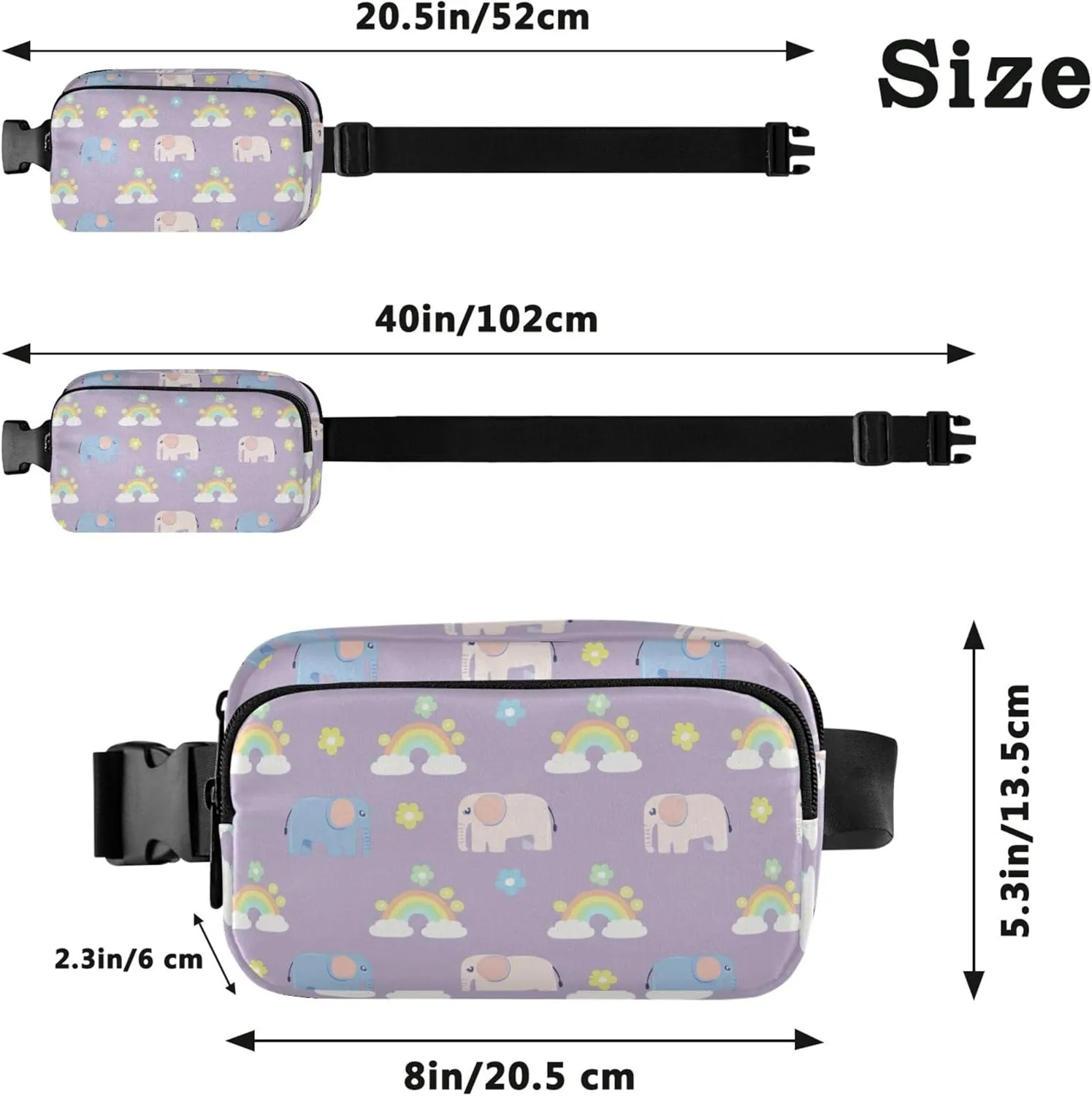 Elephants Rainbow Womens Fanny Pack Waterproof Hip Bag Belt Pouch Cute Waist Purse for Women