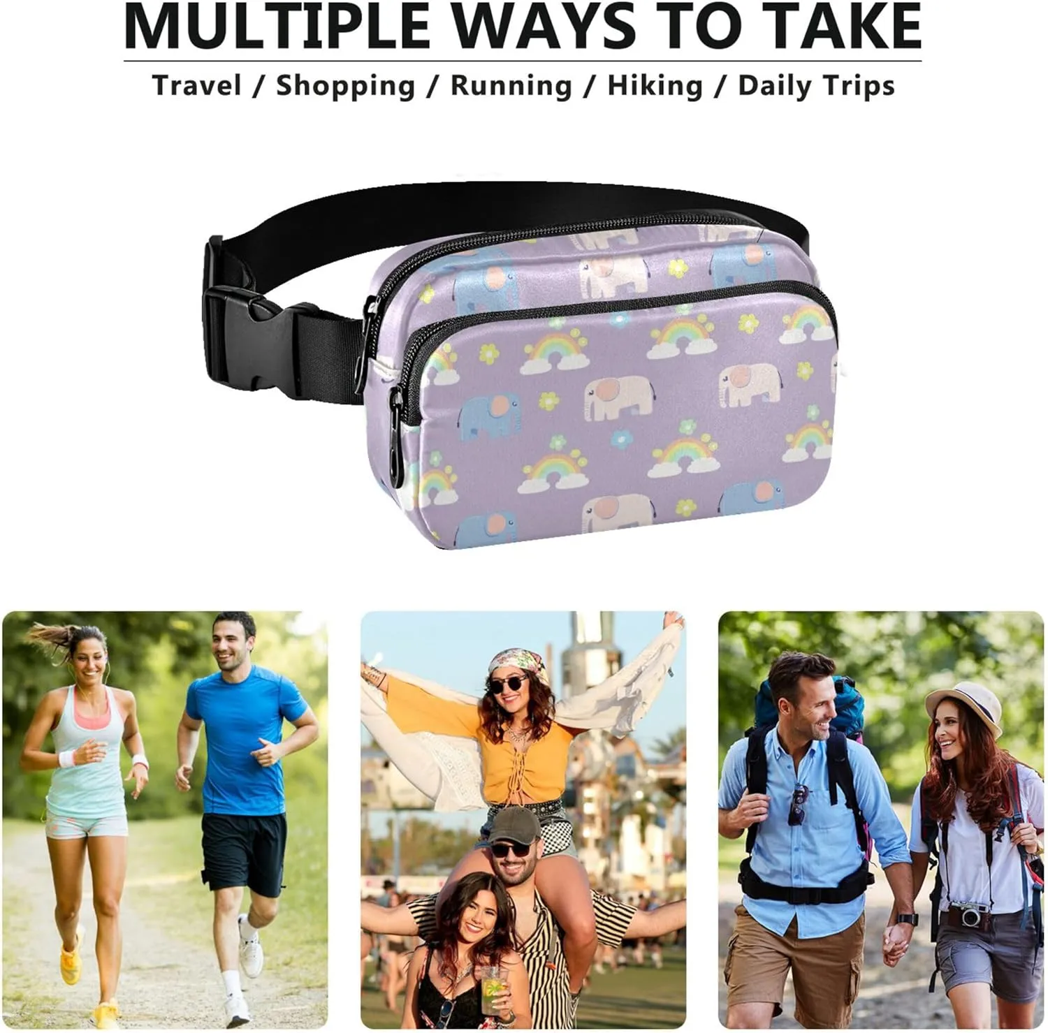 Elephants Rainbow Womens Fanny Pack Waterproof Hip Bag Belt Pouch Cute Waist Purse for Women