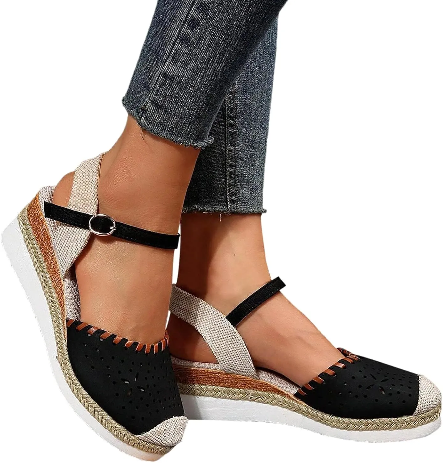Espadrille Wedges for Women Closed Toe Espadrilles Wedge Sandals Summer Orthopedic Shoes Platform Mid Low Heel Hollow Dress Sandals