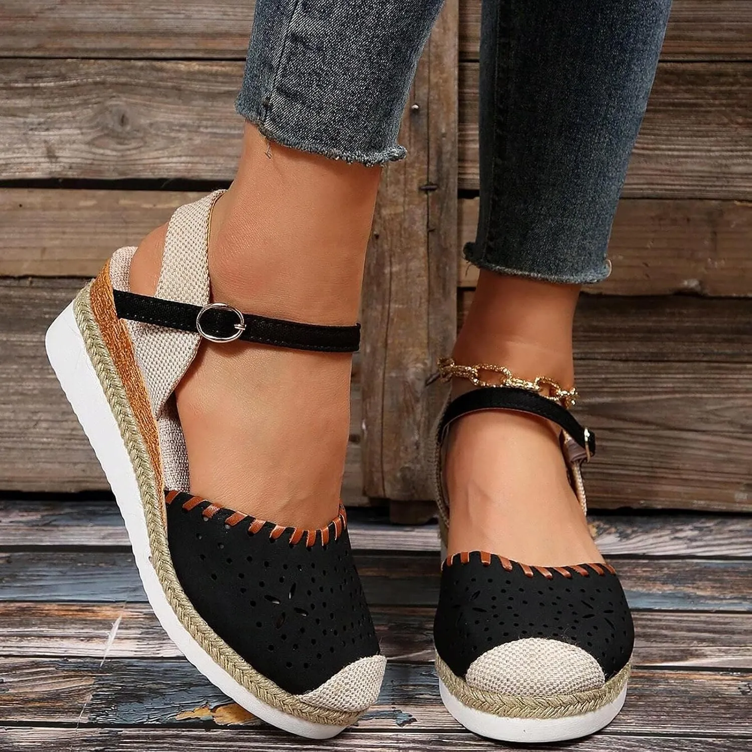 Espadrille Wedges for Women Closed Toe Espadrilles Wedge Sandals Summer Orthopedic Shoes Platform Mid Low Heel Hollow Dress Sandals
