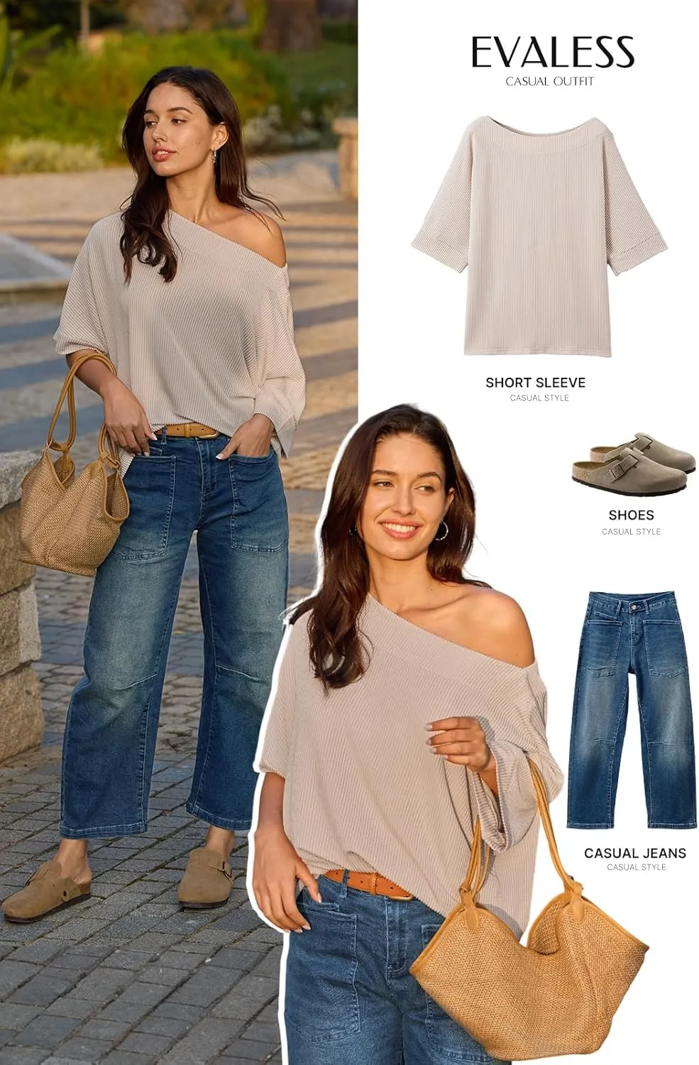 EVALESS Sexy Off The Shoulder Tops for Women 3/4 Length Sleeve Womens Tops Spring Summer 2025 Boat Neck One Shoulder Shirts