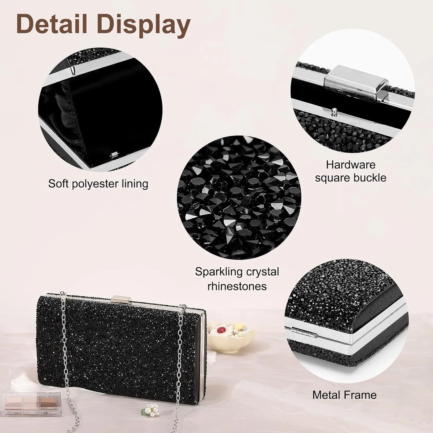 Evening Bags Clutch Purses for Women Formal, 2-Side Rhinestone Crossbody Handbags Metal Clasp Purse Sparkly for Wedding Guest Party Black