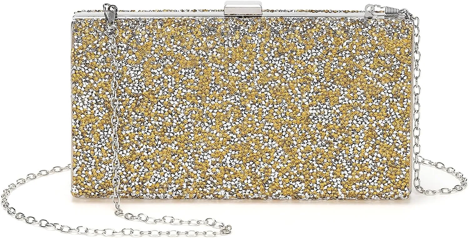 Evening Bags Clutch Purses for Women Formal, 2-Side Rhinestone Crossbody Handbags Metal Clasp Purse Sparkly for Wedding Guest Party Gold