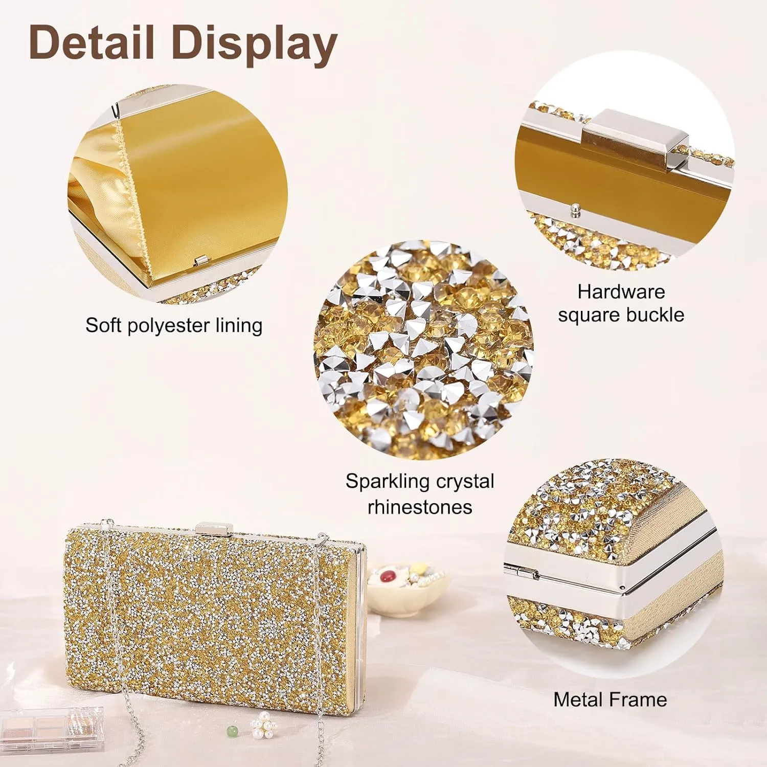 Evening Bags Clutch Purses for Women Formal, 2-Side Rhinestone Crossbody Handbags Metal Clasp Purse Sparkly for Wedding Guest Party Gold