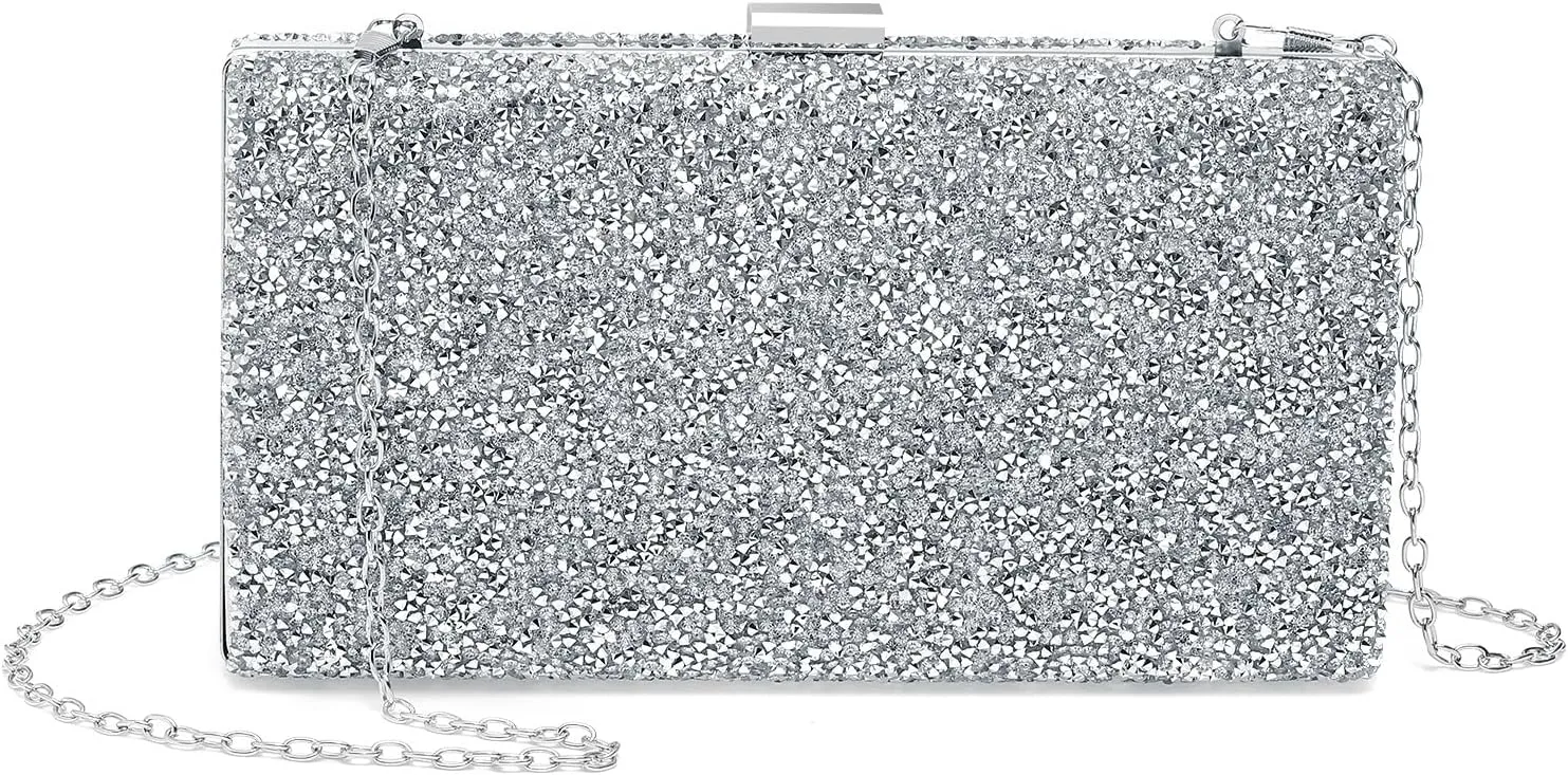 Evening Bags Clutch Purses for Women Formal, 2-Side Rhinestone Crossbody Handbags Metal Clasp Purse Sparkly for Wedding Guest Party, Silver