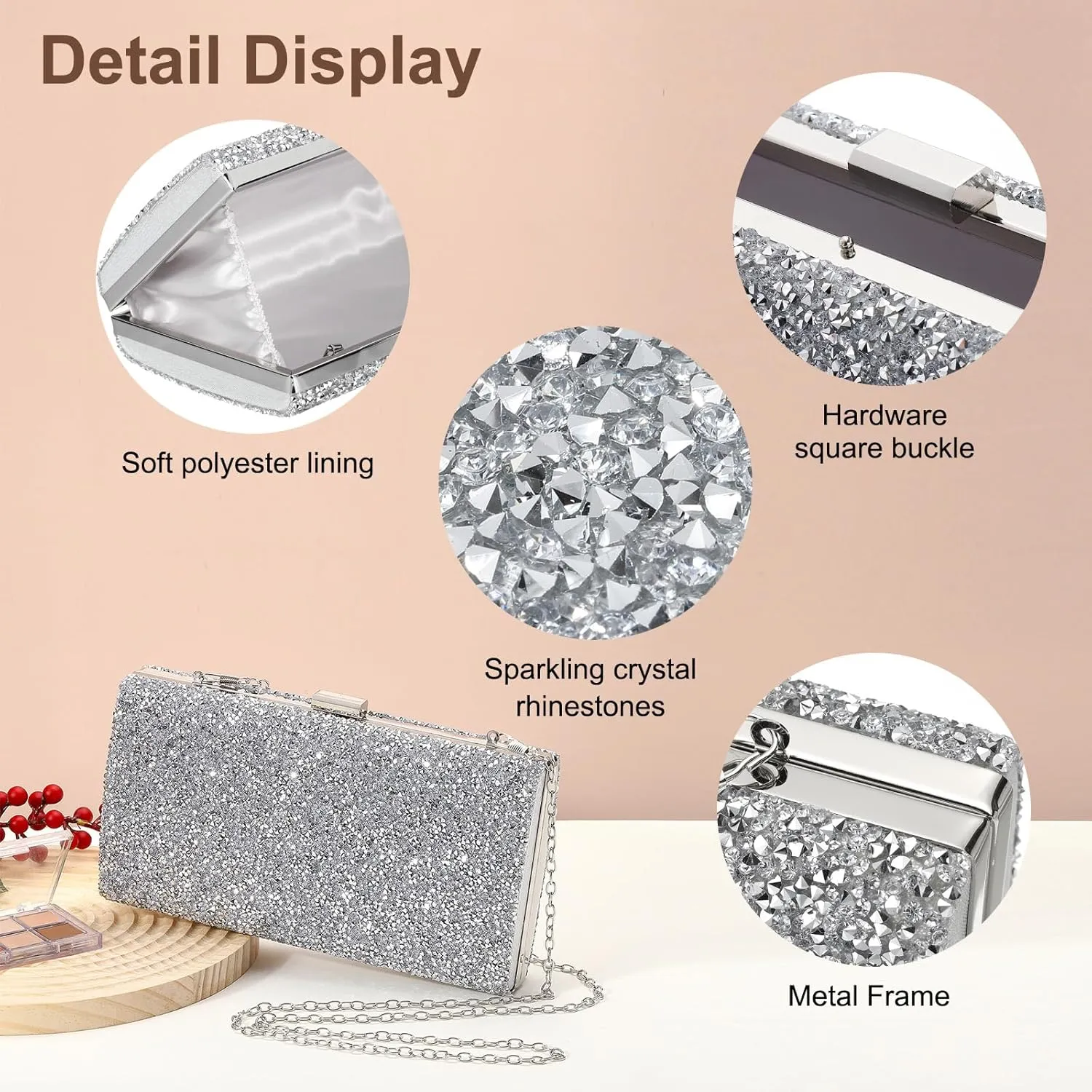 Evening Bags Clutch Purses for Women Formal, 2-Side Rhinestone Crossbody Handbags Metal Clasp Purse Sparkly for Wedding Guest Party, Silver