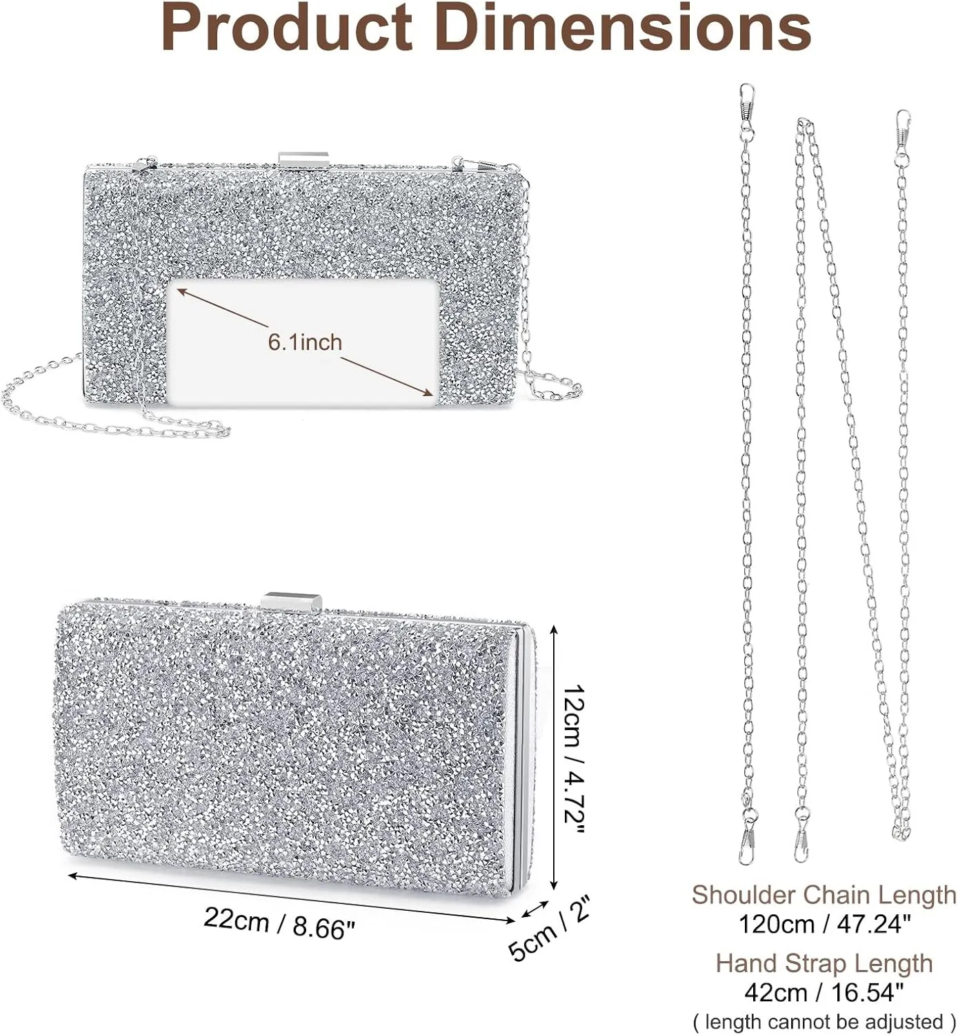 Evening Bags Clutch Purses for Women Formal, 2-Side Rhinestone Crossbody Handbags Metal Clasp Purse Sparkly for Wedding Guest Party, Silver