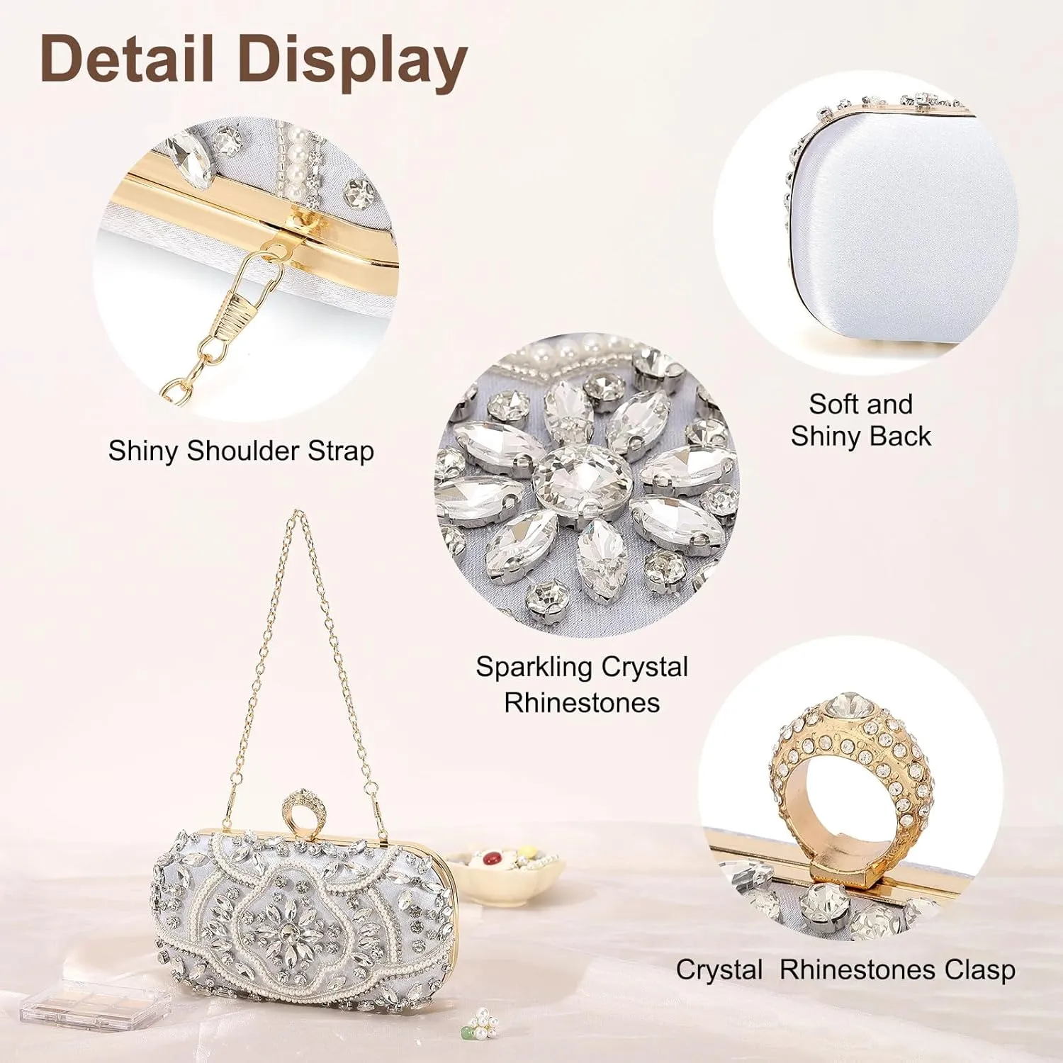 Evening Bags Clutch Purses for Women Formal, Beaded Clutch Rhinestone Handbags Shoulder Bag with Chain Sparkly for Wedding Bride Guest Party Silver
