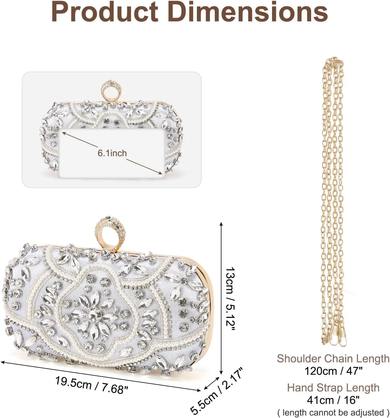 Evening Bags Clutch Purses for Women Formal, Beaded Clutch Rhinestone Handbags Shoulder Bag with Chain Sparkly for Wedding Bride Guest Party Silver