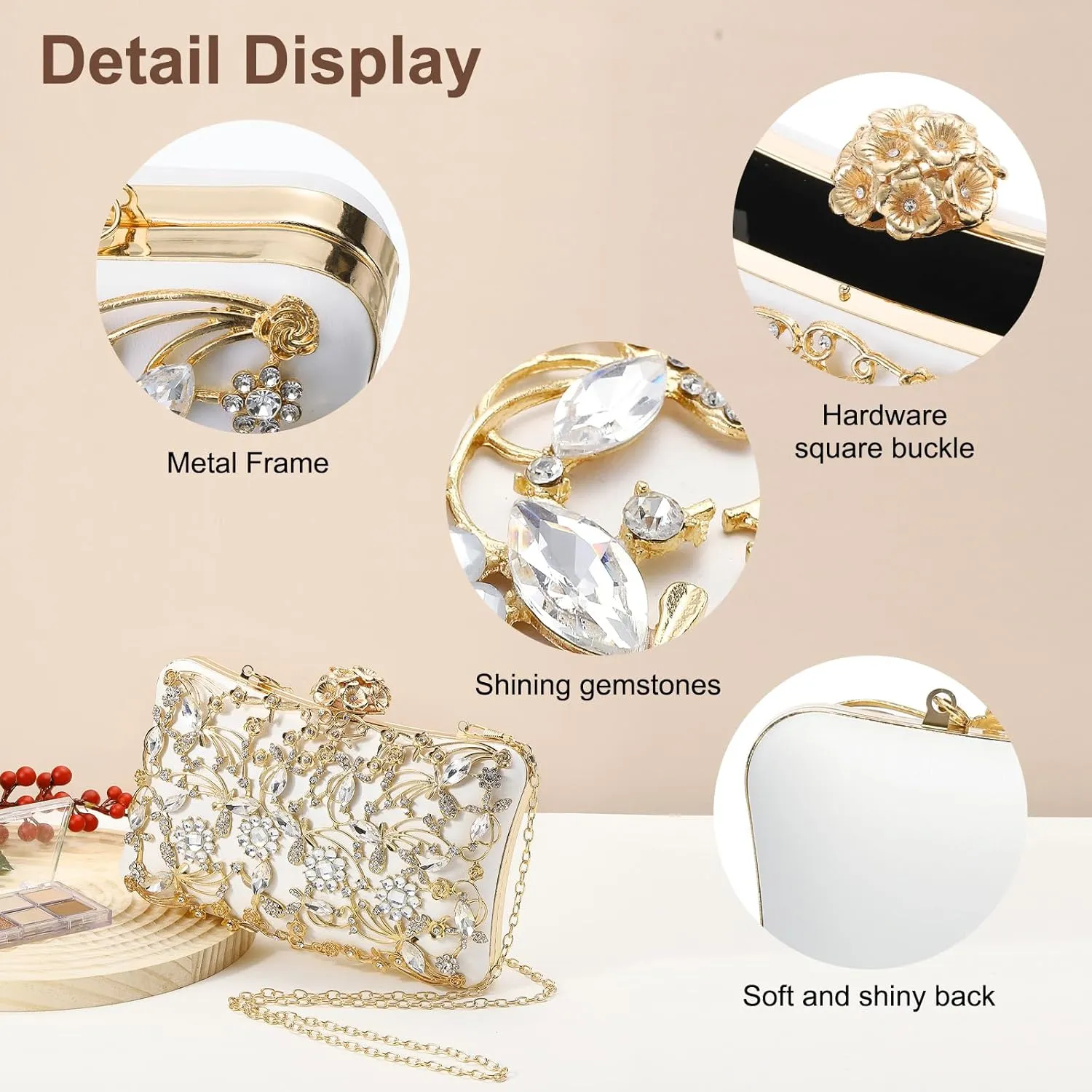 Evening Bags Clutch Purses for Women Formal, Purse Crossbody Handbag Rhinestone Shoulder Bag with Chain Sparkly for Wedding Bridal Guest Party White