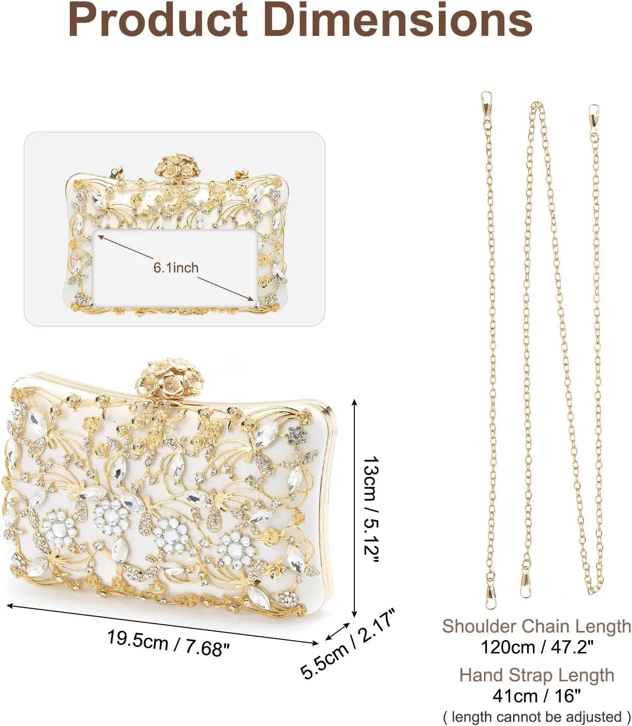Evening Bags Clutch Purses for Women Formal, Purse Crossbody Handbag Rhinestone Shoulder Bag with Chain Sparkly for Wedding Bridal Guest Party White