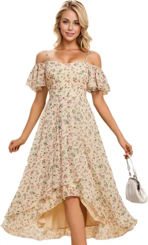 Ever-Pretty Women's Summer Cold Shoulder Hi-Lo Asymmetrical Hem Flowy Chiffon Short Wedding Guest Dress 02103