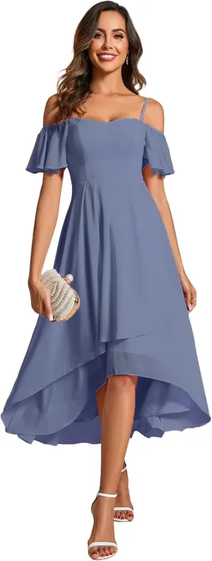 Ever-Pretty Women's Summer Cold Shoulder Hi-Lo Asymmetrical Hem Flowy Chiffon Short Wedding Guest Dress 02103