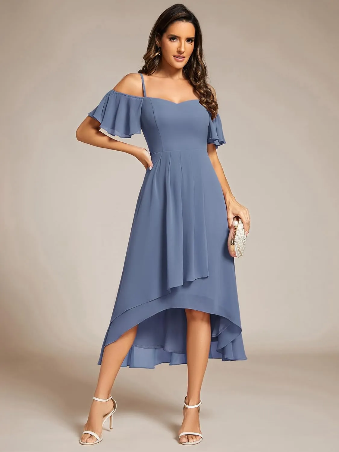Ever-Pretty Women's Summer Cold Shoulder Hi-Lo Asymmetrical Hem Flowy Chiffon Short Wedding Guest Dress 02103