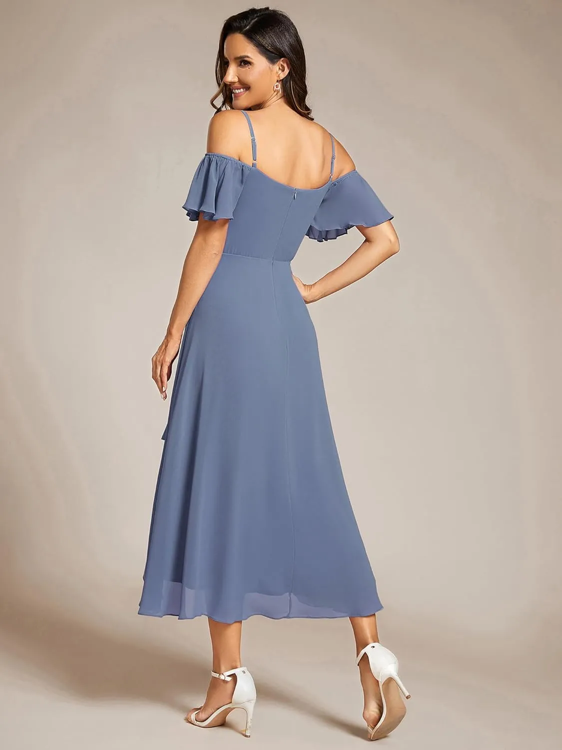 Ever-Pretty Women's Summer Cold Shoulder Hi-Lo Asymmetrical Hem Flowy Chiffon Short Wedding Guest Dress 02103