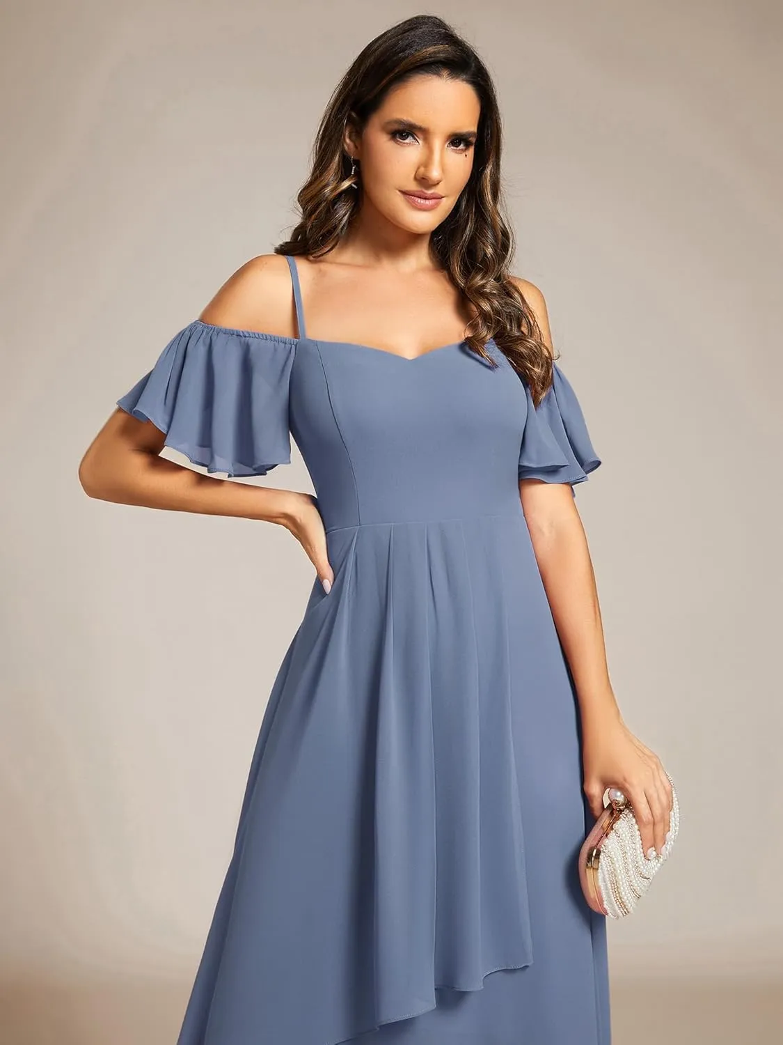 Ever-Pretty Women's Summer Cold Shoulder Hi-Lo Asymmetrical Hem Flowy Chiffon Short Wedding Guest Dress 02103