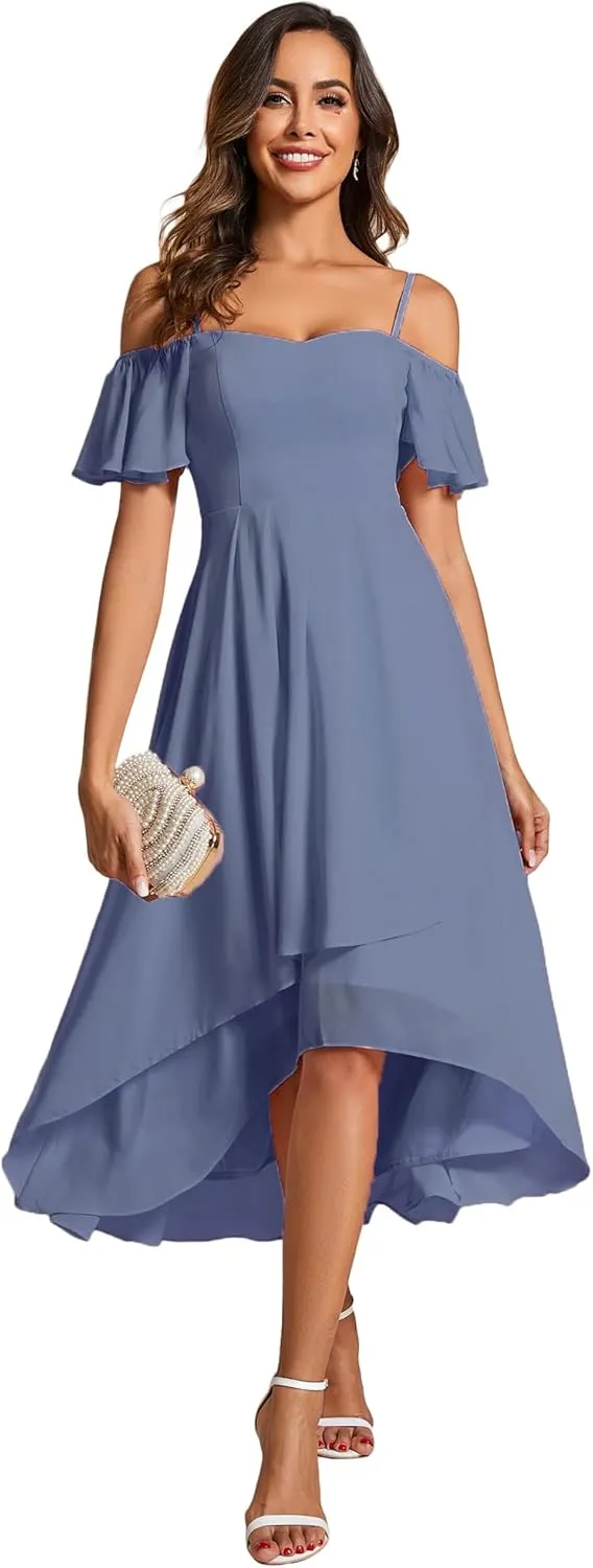 Ever-Pretty Women's Summer Cold Shoulder Hi-Lo Asymmetrical Hem Flowy Chiffon Short Wedding Guest Dress 02103