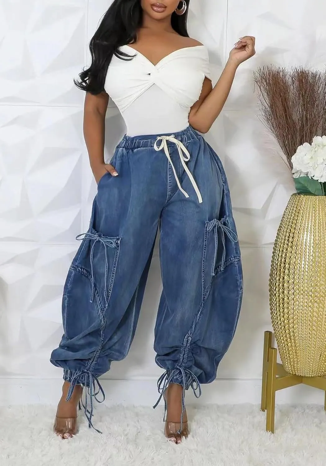 Famnbro Womens Barrel Jeans Baggy Cargo Jogger Y2k Drawstring Bow Jeans Sweatpants Wide Leg Denim Pants