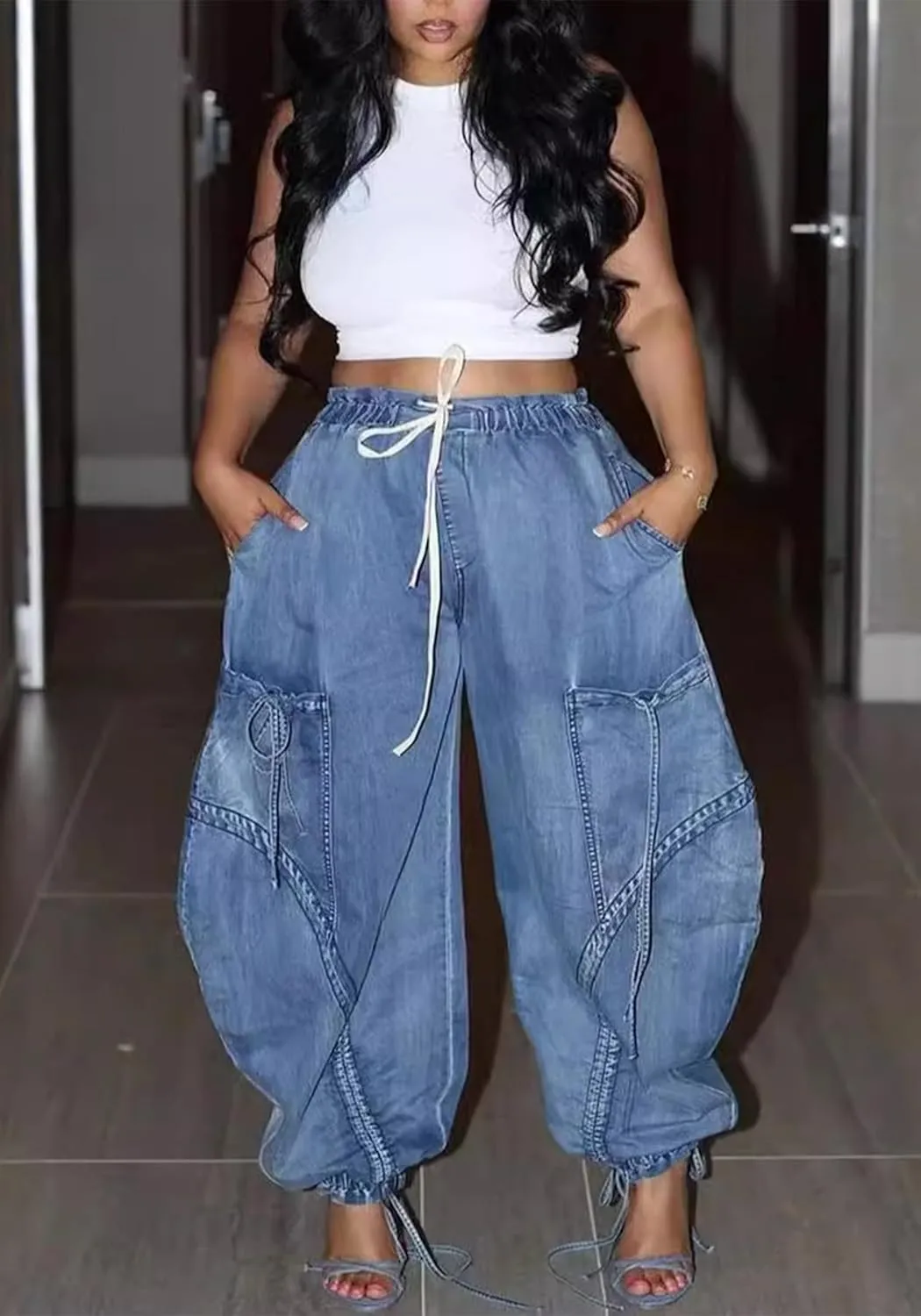 Famnbro Womens Barrel Jeans Baggy Cargo Jogger Y2k Drawstring Bow Jeans Sweatpants Wide Leg Denim Pants