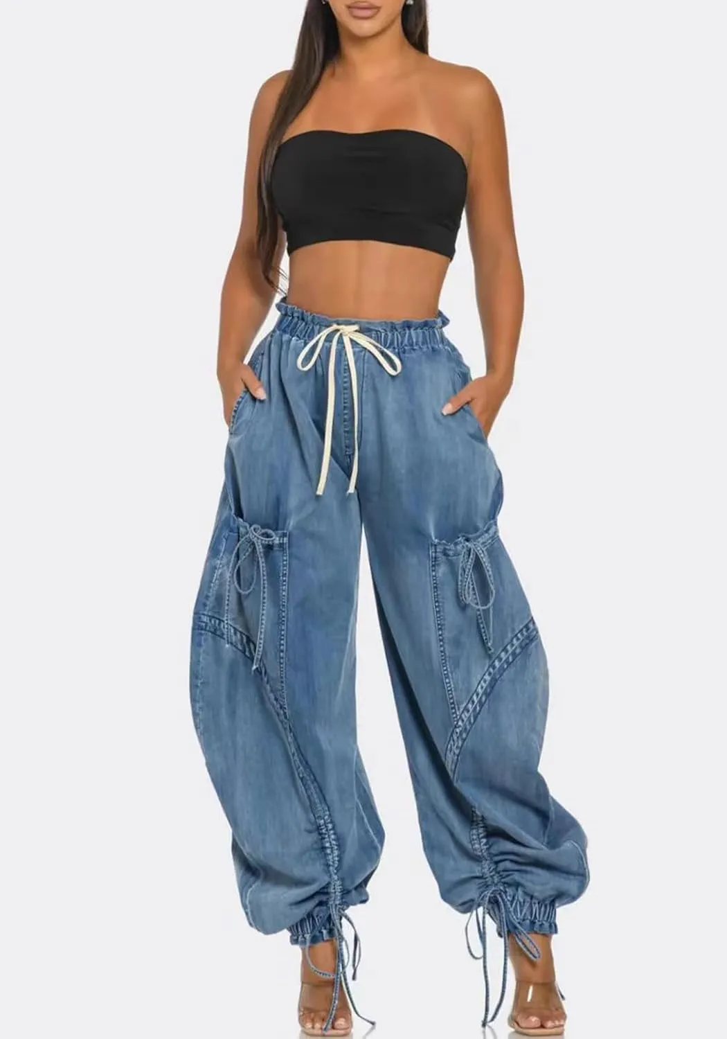 Famnbro Womens Barrel Jeans Baggy Cargo Jogger Y2k Drawstring Bow Jeans Sweatpants Wide Leg Denim Pants