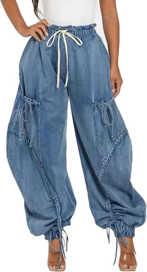 Famnbro Womens Barrel Jeans Baggy Cargo Jogger Y2k Drawstring Bow Jeans Sweatpants Wide Leg Denim Pants