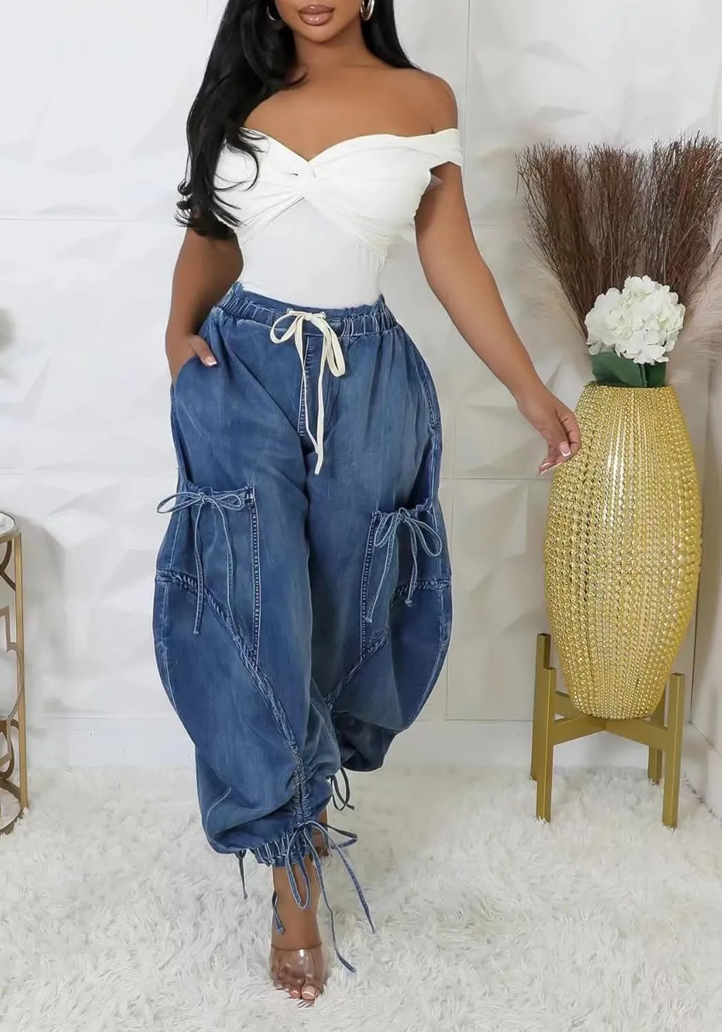 Famnbro Womens Barrel Jeans Baggy Cargo Jogger Y2k Drawstring Bow Jeans Sweatpants Wide Leg Denim Pants