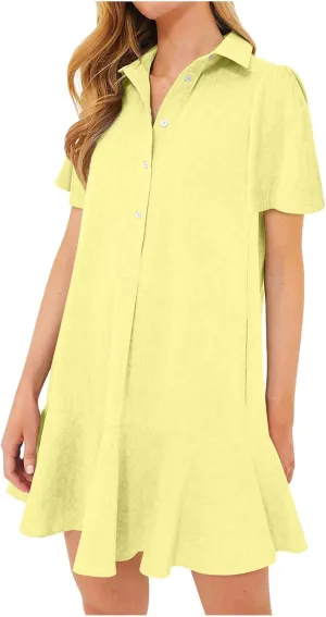 Fanteecy Women's Button Up Blouse Dresses Short Sleeve Loose Fit Mini Dress Ruffle Hem Flowy Cotton Linen Dress