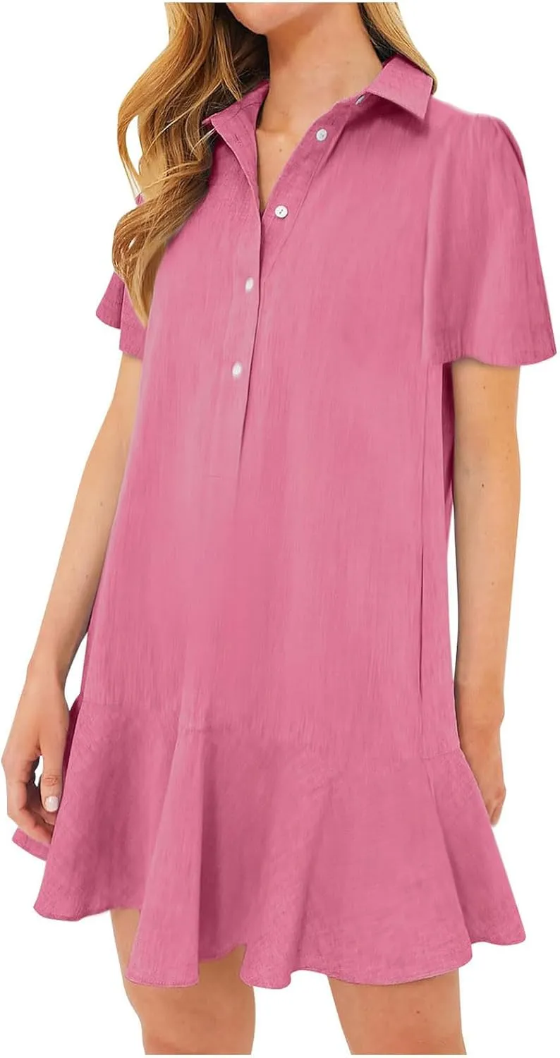 Fanteecy Women's Button Up Blouse Dresses Short Sleeve Loose Fit Mini Dress Ruffle Hem Flowy Cotton Linen Dress