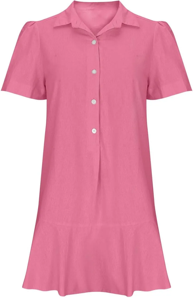 Fanteecy Women's Button Up Blouse Dresses Short Sleeve Loose Fit Mini Dress Ruffle Hem Flowy Cotton Linen Dress