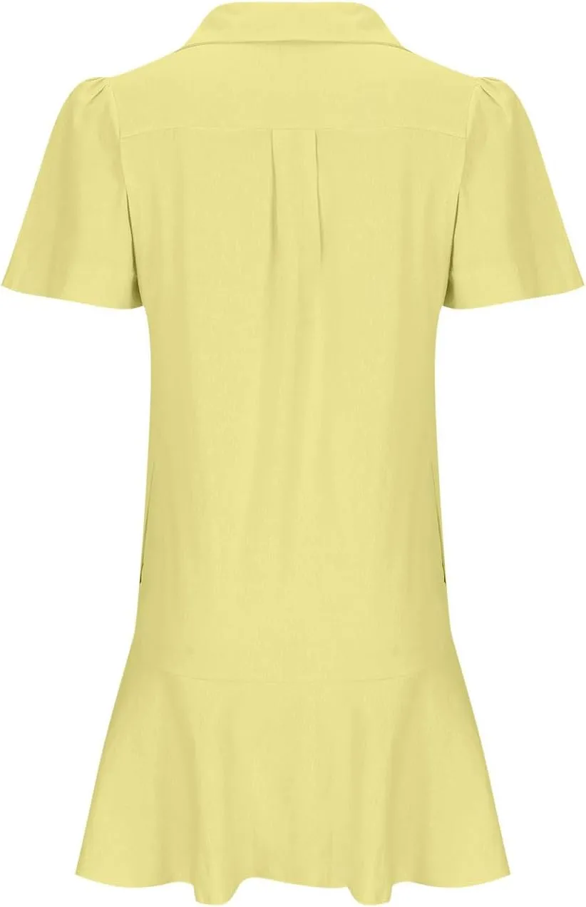 Fanteecy Women's Button Up Blouse Dresses Short Sleeve Loose Fit Mini Dress Ruffle Hem Flowy Cotton Linen Dress