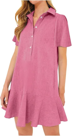 Fanteecy Women's Button Up Blouse Dresses Short Sleeve Loose Fit Mini Dress Ruffle Hem Flowy Cotton Linen Dress