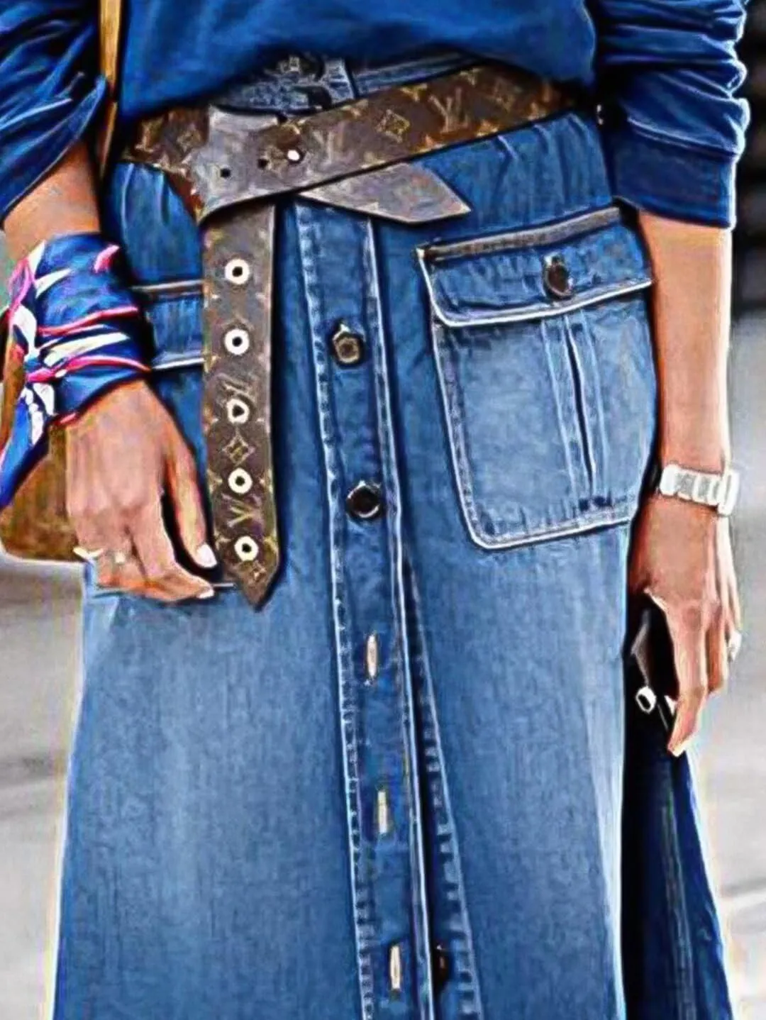 Flamingals A-Line High Rise Vintage Flap Pocket Button Down Maxi Denim Skirt Without Belt