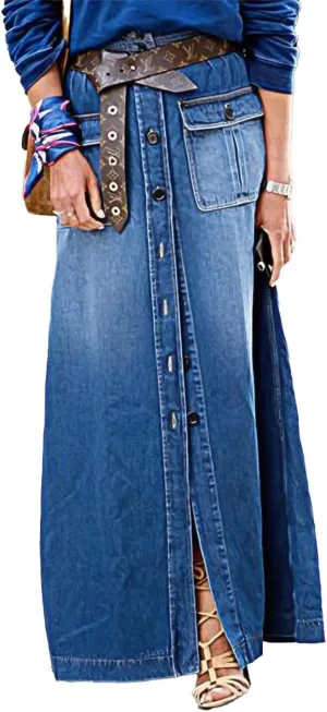 Flamingals A-Line High Rise Vintage Flap Pocket Button Down Maxi Denim Skirt Without Belt