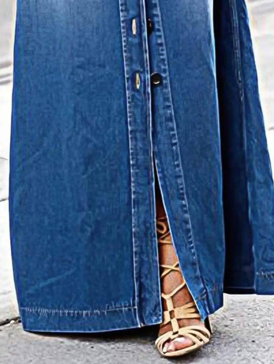 Flamingals A-Line High Rise Vintage Flap Pocket Button Down Maxi Denim Skirt Without Belt