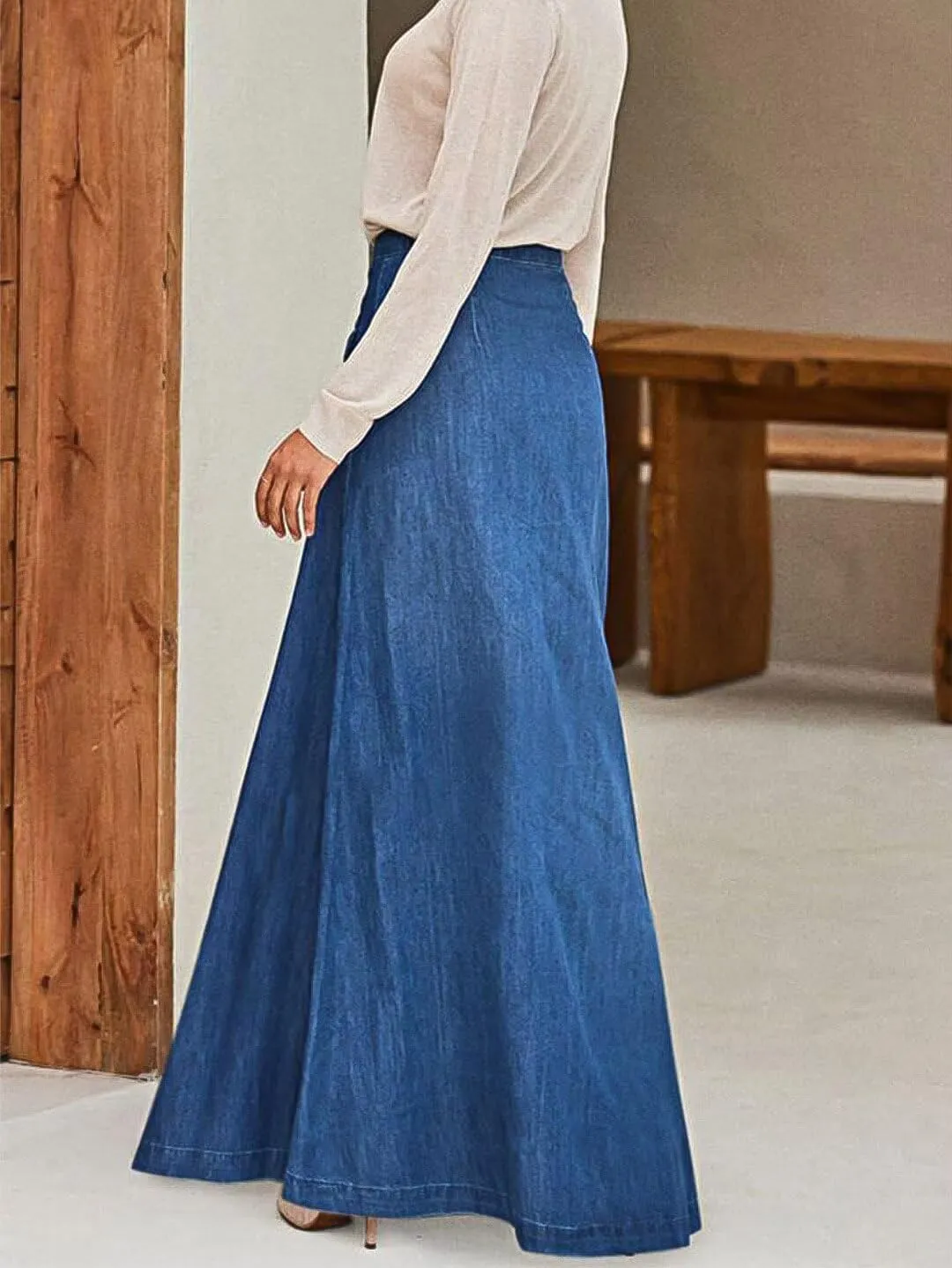 Flamingals A-Line High Rise Vintage Flap Pocket Button Down Maxi Denim Skirt Without Belt