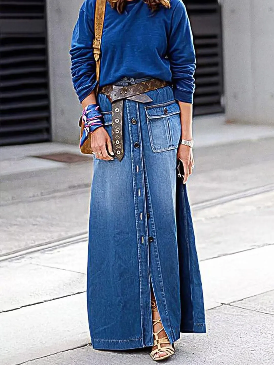 Flamingals A-Line High Rise Vintage Flap Pocket Button Down Maxi Denim Skirt Without Belt