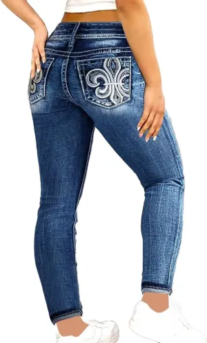 Flamingals Women's Boot Cut Jeans Butt Lifting Stretch Jeans Embroidered Skinny Leg Mid Rise Double Button Jeans