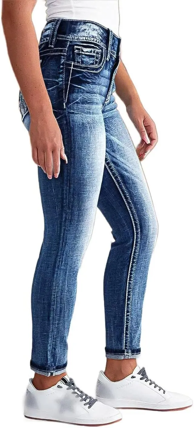Flamingals Women's Boot Cut Jeans Butt Lifting Stretch Jeans Embroidered Skinny Leg Mid Rise Double Button Jeans